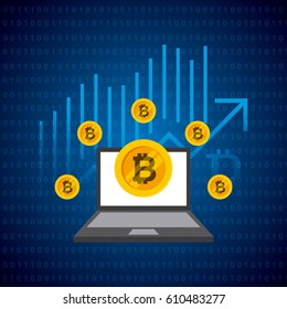 laptop computer with bitcoin over blue background. vector illustration