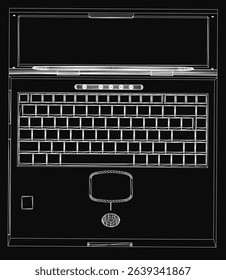 A laptop computer with a black keyboard. The laptop is open and the keyboard is visible. The laptop is a black and white drawing