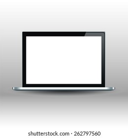Laptop computer with black touch screen isolated on a gray background.