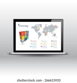 Laptop computer with black touch screen isolated on info graphics background.