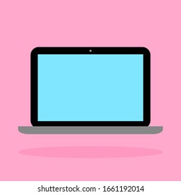 laptop computer with blank blue screen on pink background. vector illustration