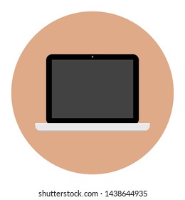 laptop computer with blank dark screen stand by mode in brown circle logo isolated on white background. vector illustration 