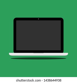 laptop computer with blank dark screen stand by mode with shadow below isolated on green background. vector illustration 