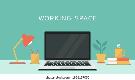 computadora portátil con pantalla vacía en blanco para espacio de copia en el espacio de trabajo, ilustración vectorial de diseño plano