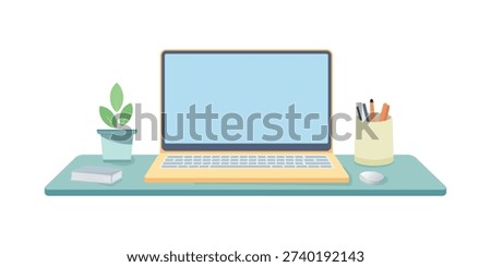 Laptop Computer with Blank Empty Display Screen for Copy Space on Modern Office Desk Workspace Flat Vector Illustration