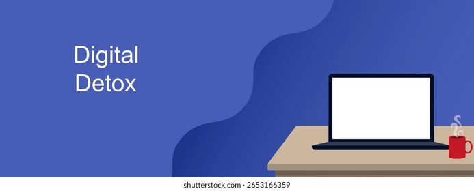 Laptop com tela em branco e xícara de café quente em uma mesa sugerindo período de desintoxicação digital. banner.