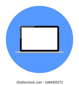 ordenador portátil con pantalla blanca en blanco sobre icono de círculo azul aislado en fondo blanco. iluminación vectorial