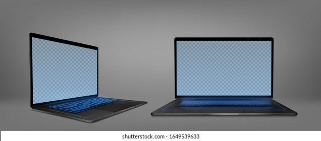 Laptop computer with blue backlit keyboard and blank screen front and angle view. Vector realistic mockup of modern notebook, portable desktop pc with empty monitor display and neon keys backlight
