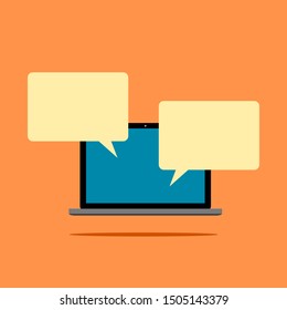 laptop computer with blue screen display and blank yellow speech bubbles on orange color background. vector illustration