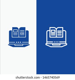 Laptop, Computer, Book, Hardware Line and Glyph Solid icon Blue banner. Vector Icon Template background