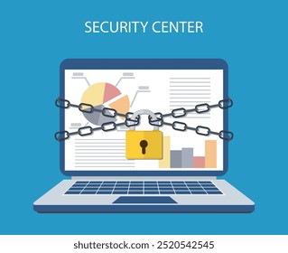 laptop computer are bound with chains and locked with a padlock. concept of security center. flat illustration concept for web banners, web and mobile app, web sites, infographics