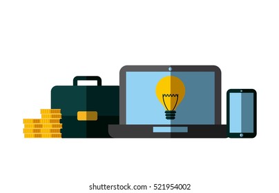 laptop computer with briefcase and stack of gold coins over white background. invest money and business concept. colorful design. vector illustration