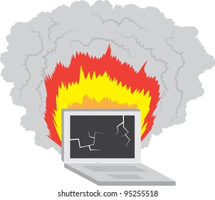 Laptop computer broken and on fire