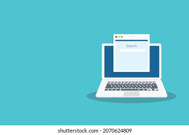Laptop computer, browser window and ranking sites in search results of web search engine. Search engine. Vector illustration