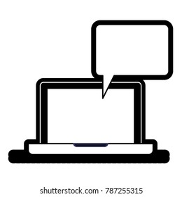 laptop computer with bubble dialogue in black silhouette with thick contour