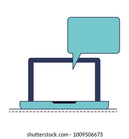 laptop computer with bubble dialogue in blue color sections silhouette