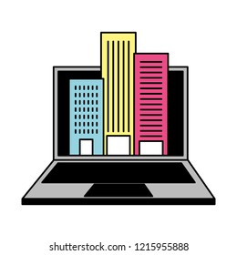 laptop computer and buildings city