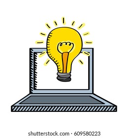laptop computer with bulb light icon over white background. colorful design. vector illustration