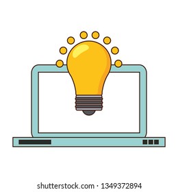 Laptop computer and bulb light idea symbol