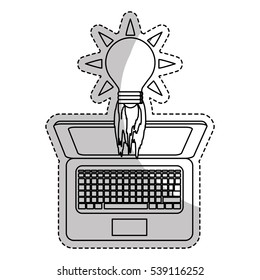 laptop computer with bulb light launching icon over white background. start-up concept. vector illustration