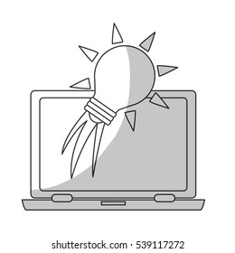laptop computer with bulb light launching icon over white background. start-up concept. vector illustration