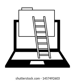laptop computer business with folder and stairs vector illustration design