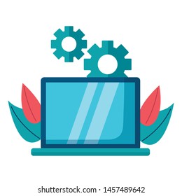 laptop computer business with gears vector illustration design