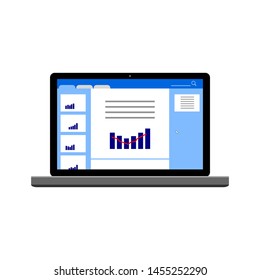 laptop computer with business planning analysis document program on screen display isolated on white background. vector illustration