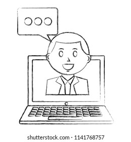 laptop computer with businessman and speech bubble