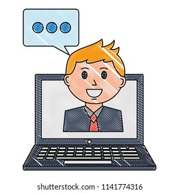 laptop computer with businessman and speech bubble
