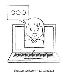 laptop computer with businesswoman and speech bubble