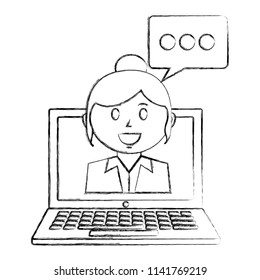 laptop computer with businesswoman and speech bubble