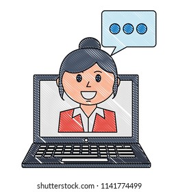 laptop computer with businesswoman and speech bubble