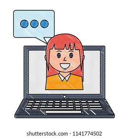 laptop computer with businesswoman and speech bubble