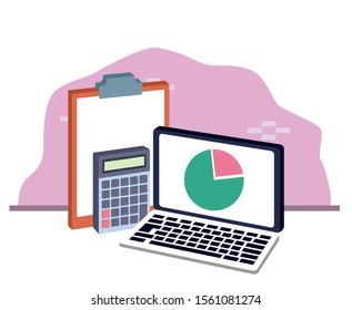 laptop computer with calculator and clipboard over white and pink background, colorful design , vector illustration