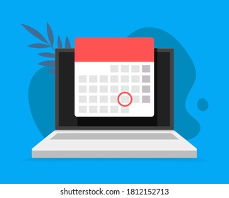 Laptop computer with calendar, on backdrop scribble and leaves. Vector flat illustrations. Online planner app on laptop display with event date reminder front view.