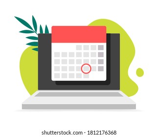 Laptop computer with calendar, on backdrop scribble and leaves. Vector flat illustrations. Online planner app on laptop display with event date reminder front view.