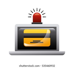 laptop computer with card and alarm icon. cyber security concept. colorful design. vector illustration