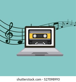 laptop computer with casette tape icon on screen over blue background. music and technology concept. colorful design. vector illustration
