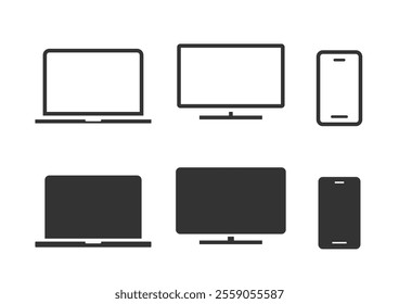 Laptop computer cell phone and desktop pc screen icon vector simple graphic illustration set solid black line stroke outline art, mobile cellphone smartphone blank empty frame sign symbol image