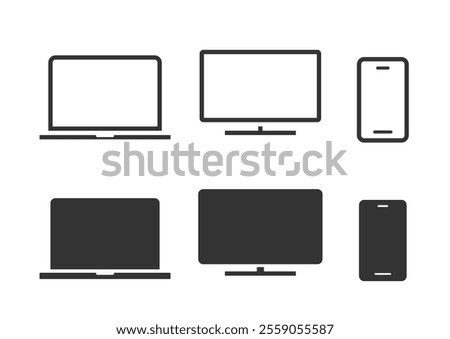Laptop computer cell phone and desktop pc screen icon vector simple graphic illustration set solid black line stroke outline art, mobile cellphone smartphone blank empty frame sign symbol image