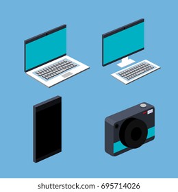 laptop computer cell smart phone camera set blue background