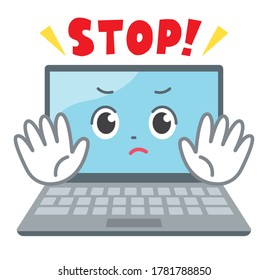 A laptop computer character facing the front.It is an illustration that warns you to stop.