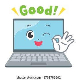 A laptop computer character facing the front. It is an illustration that makes a good sign with a smile.