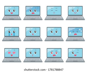 A laptop computer character facing the front.Illustration set of various facial expressions.
