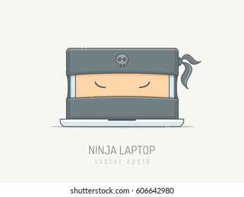Laptop computer character with ninja mask vector illustration in scribble linework style with pastel colors