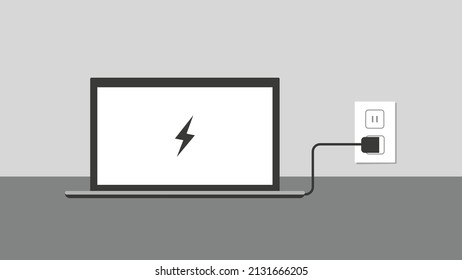 Computadora portátil cargando con cargador, enchufe Isolación vectorial Ilustración