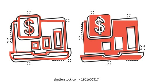 Laptop computer chart icon in comic style. Money diagram cartoon vector illustration on white isolated background. Financial process splash effect business concept.