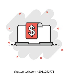 Laptop computer chart icon in comic style. Money diagram cartoon vector illustration on white isolated background. Financial process splash effect business concept.