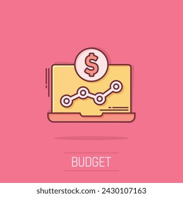 Laptop computer chart icon in comic style. Money diagram cartoon vector illustration on isolated background. Financial process splash effect business concept.
